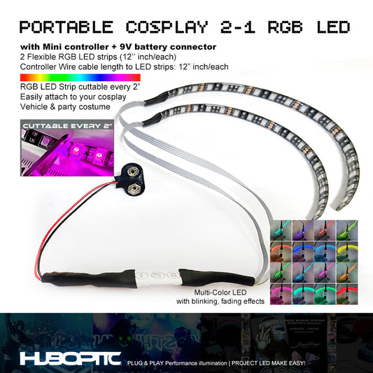 2 Cosplay lights Multicolor RGB 12" inch LED Strips Mini Controller - Blink Fade Flexible Cuttable every 2" portable string costume props light