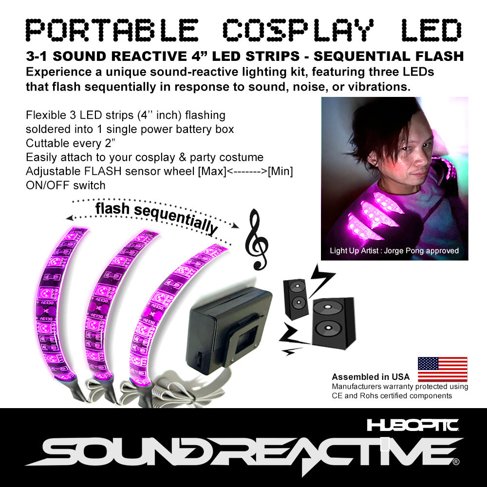 3 Sound reactive 4" inch LED Strips Flash Sequentially - Cuttable Cosplayer Sequence sound activate lights portable string light Sequential EQ style lighting