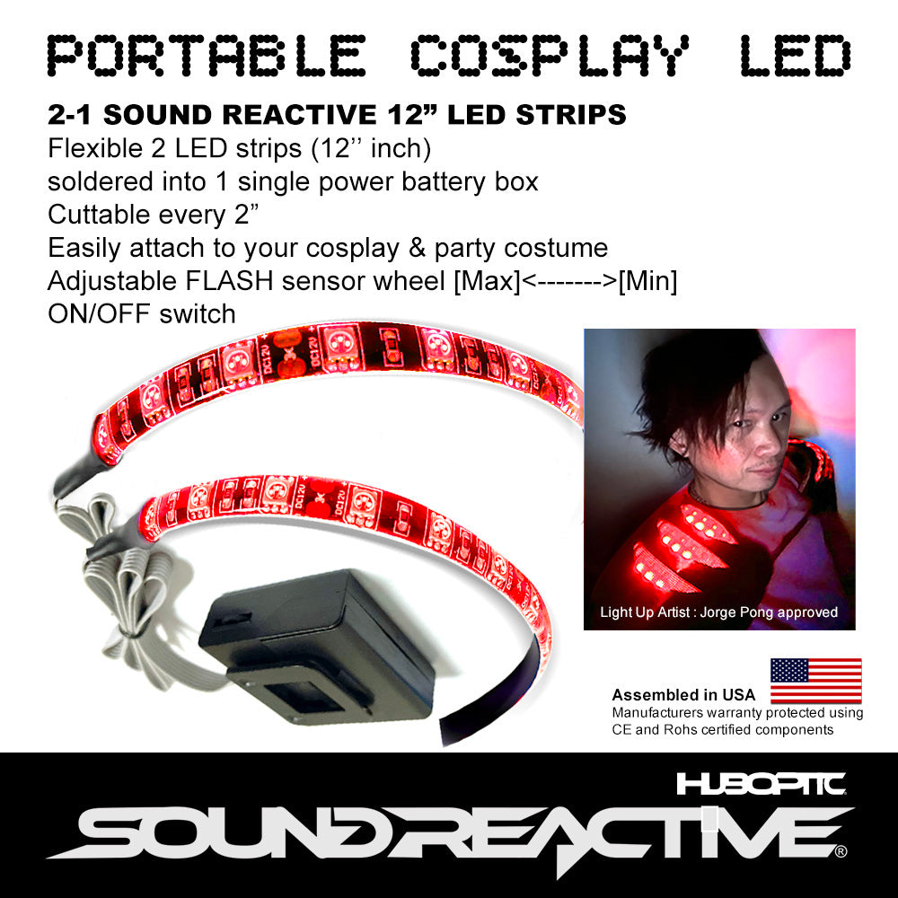 2 Sound reactive 12" inch LED Strip Lights - Cosplayer sound activate lights cuttable portable string light for cosplay party costume