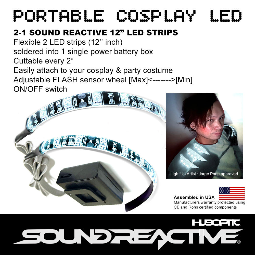 2 Sound reactive 12" inch LED Strip Lights - Cosplayer sound activate lights cuttable portable string light for cosplay party costume