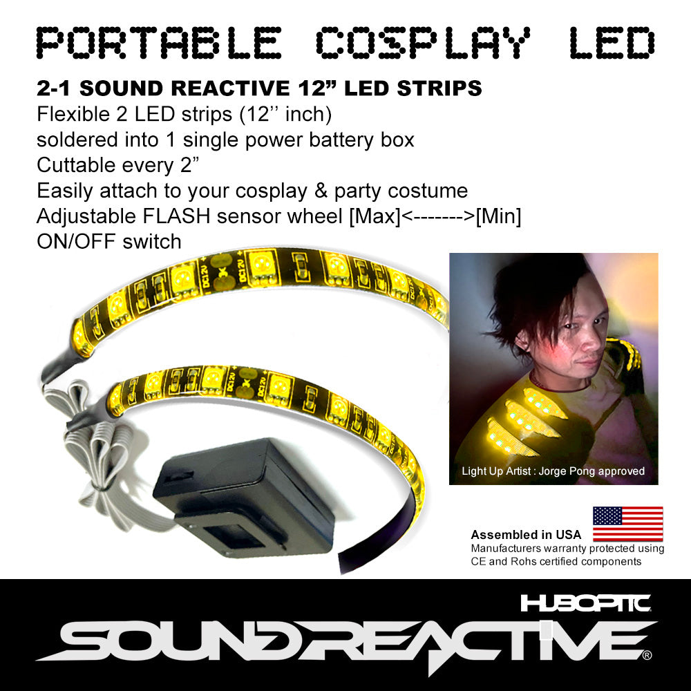 2 Sound reactive 12" inch LED Strip Lights - Cosplayer sound activate lights cuttable portable string light for cosplay party costume